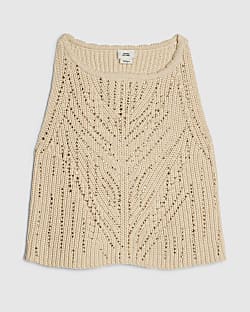 Girls Beige Embellished Crochet Top