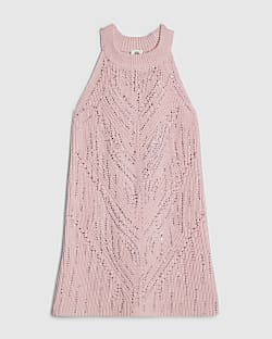 Girls Pink Knitted Diamante Dress