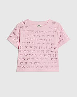 Girls Pink Bow Diamante T-Shirt