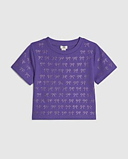 Girls Purple Bow Diamante T-Shirt