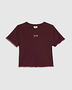 Girls Red Lettuce Hem Crop T-Shirt