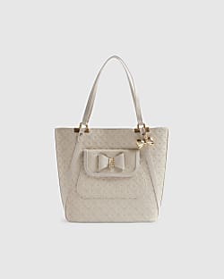 Girls Cream Monogram Padlock Bow Shopper Bag
