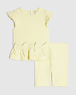 Mini Girls Yellow Peplum Bow Rib Shorts Set