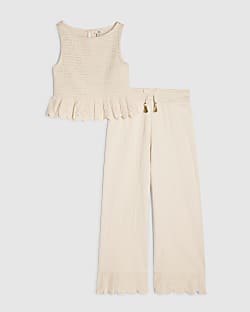 Girls Cream Peplum Top Trousers Set