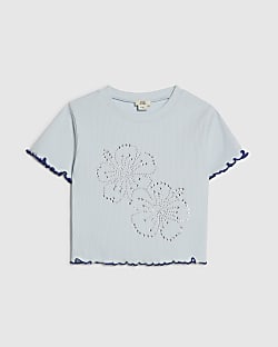 Girls Blue Hotfix Flower Lettuce Hem T-Shirt
