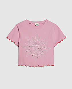 Girls Pink Hotfix Sun Lettuce Hem T-Shirt
