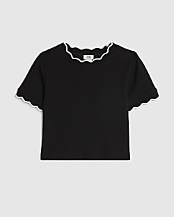 Girls Black Scallop Edge T-Shirt