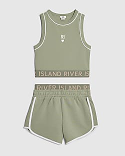Girls Khaki RI Waistband Tank and Shorts Set