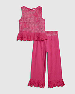 Mini Girls Pink Shirred Trousers Set