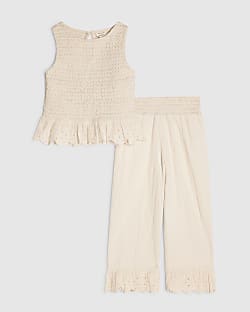 Mini Girls Cream Shirred Trouser Set