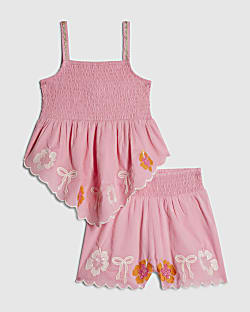 Girls Pink Hanky Hem Embellished Top Set