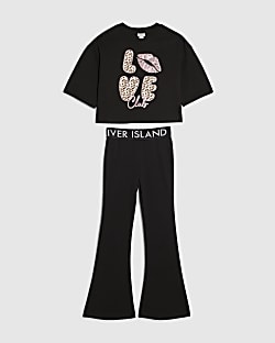 Girls Black Cheetah Love Club Crop Top Set
