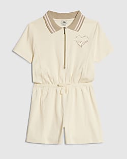 Girls Cream Polo Zip Playsuit