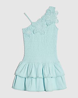 Girls Blue Asymmetric Crochet Flower Dress