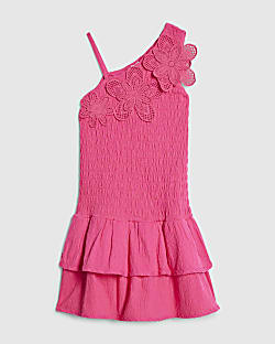 Girls Pink Asymmetric Crochet Flower Dress