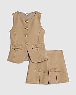 Girls Brown Faux Suede Waistcoat Set
