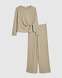 Girls Green Cosy Ribbed Top Set