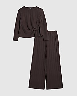 Girls Brown Cosy Ribbed Top Set