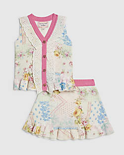 Mini Girls Cream Floral Skirt Set