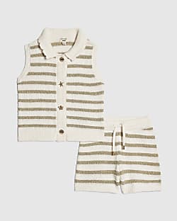 Mini Girls Cream Knit Striped Top Shorts Set