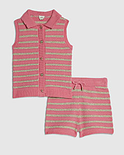 Girls Pink Knitted Striped Top And Shorts Set