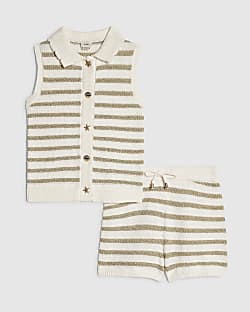 Girls Cream Stripe Top & Short Knit Set