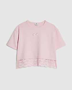 Girls Pink Lace Trim T-Shirt
