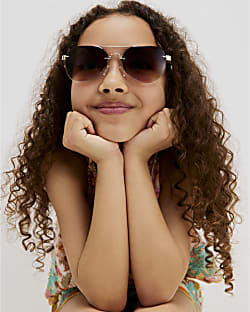 Girls Brown Rimless Aviator Sunglasses