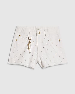 Girls White Pearl Embellished Denim Shorts