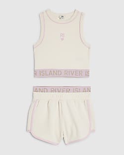 Girls Cream RI Waistband Tank and Shorts Set