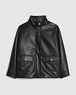 Girls Black Faux Leather Funnel Bomber Jacket
