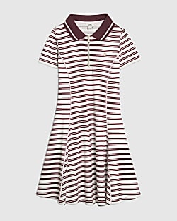 Girls Red Stripe Ribbed Zip Polo Dress