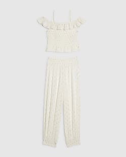 Girls White Spot Print Cami & Trouser Set