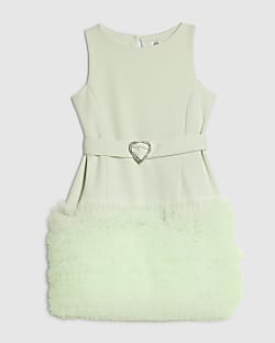 Girls Green 3D Organza Hem Dress