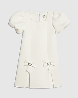 Girls Cream Bow Hem Puffy Sleeve Dress