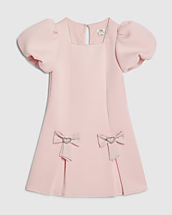 Girls Pink Bow Hem Puffy Sleeve Dress