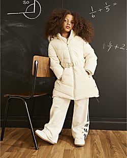 Girls Beige Velour Padded Coat