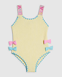 Mini Girls Yellow Textured Bow Swimsuit