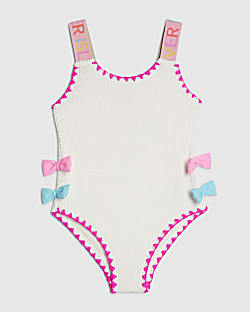 Mini Girls White Textured Bow Swimsuit