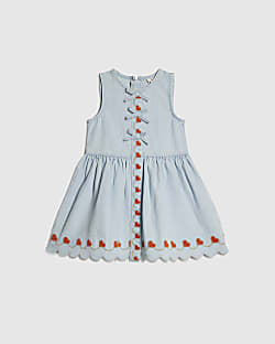 Mini Girls Blue Denim Heart Embroidered Dress