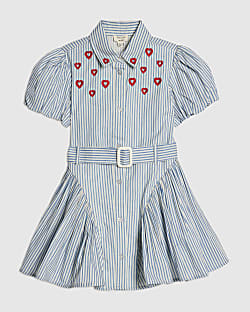 Mini Girls Blue Heart Stripe Shirt Dress