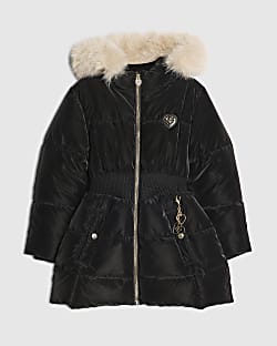Girls Black Velour Padded Faux Fur Trim Coat