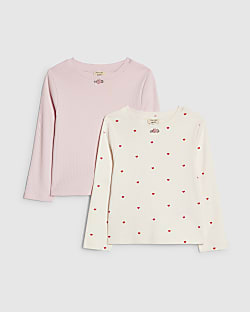 Mini Girls Cream Rib Heart Pack Of 2 Tops