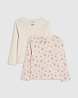 Mini Girls Pink Ribbed Floral Pack Of 2 Tops