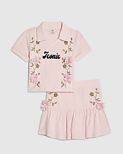 Girls Pink Floral Polo Skirt Set
