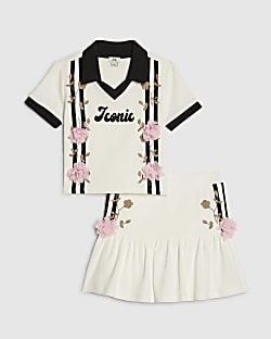 Girls White Floral Polo Skirt Set