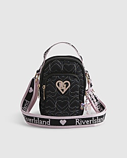 Girls Black Quilted Heart Cross Body Bag