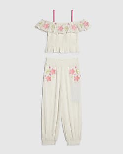 Girls White Floral Print Cami & Trouser Set