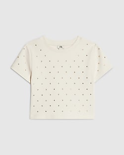 Girls Cream Studded T-Shirt