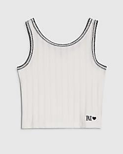 Girls White Ribbed Contrast Tank Top